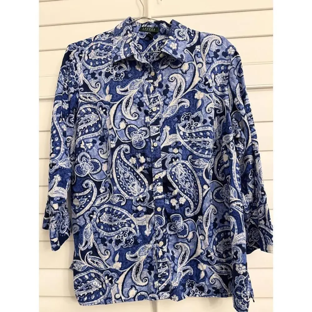 Lauren by Ralph Lauren women’s  blue paisley print button down shirt size 1X - Picture 3 of 6